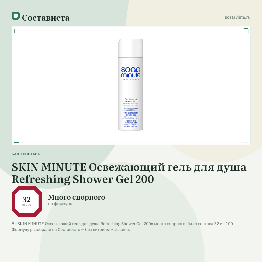 SKIN MINUTE Освежающий гель для душа Refreshing Shower Gel 200: балл состава 32 из 100 — Состависта