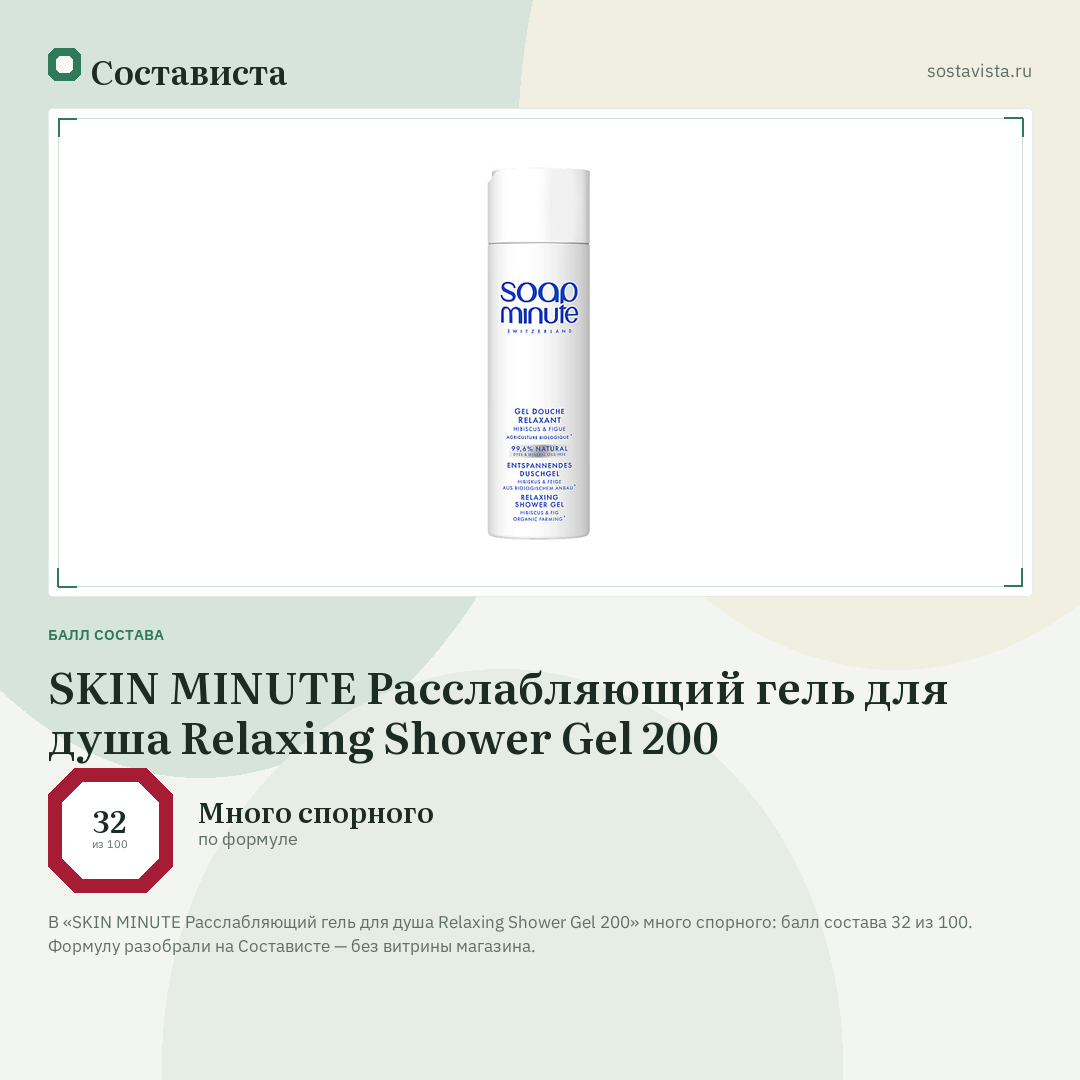 SKIN MINUTE Расслабляющий гель для душа Relaxing Shower Gel 200: балл состава 32 из 100 — Состависта