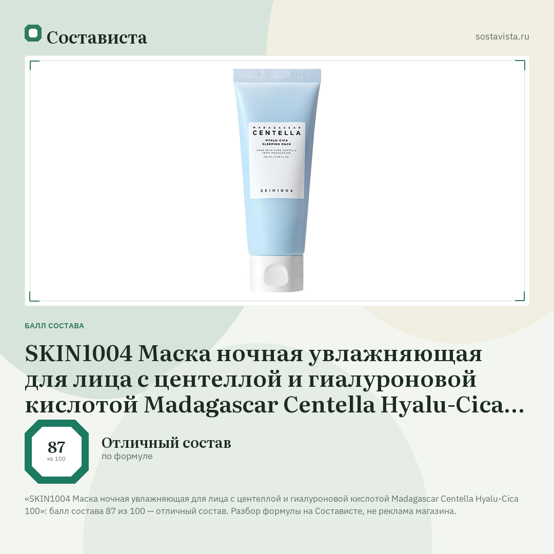 SKIN1004 Маска ночная увлажняющая для лица с центеллой и гиалуроновой кислотой Madagascar Centella Hyalu-Cica 100: балл состава 87 из 100 — Состависта