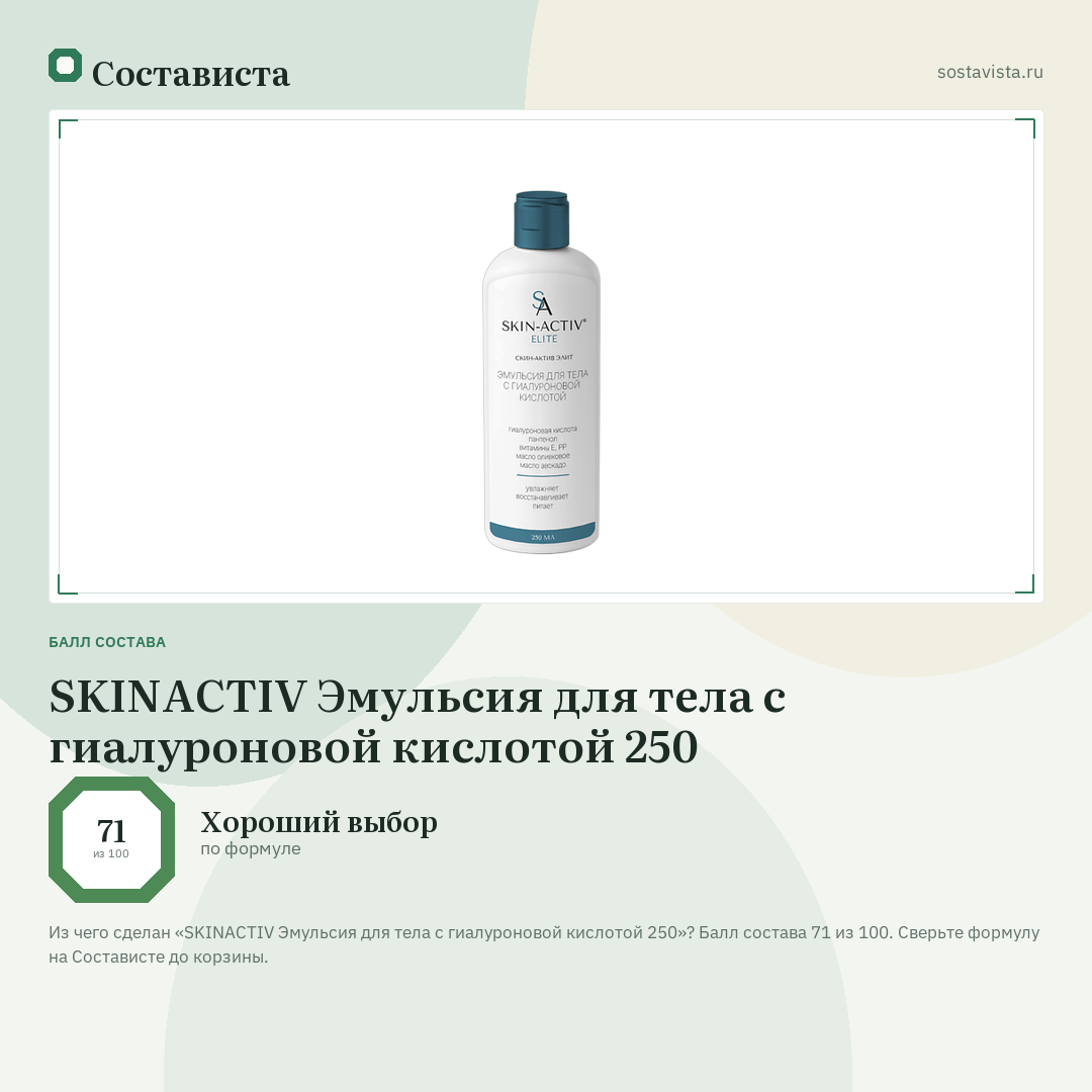 SKINACTIV Эмульсия для тела с гиалуроновой кислотой 250: балл состава 71 из 100 — Состависта