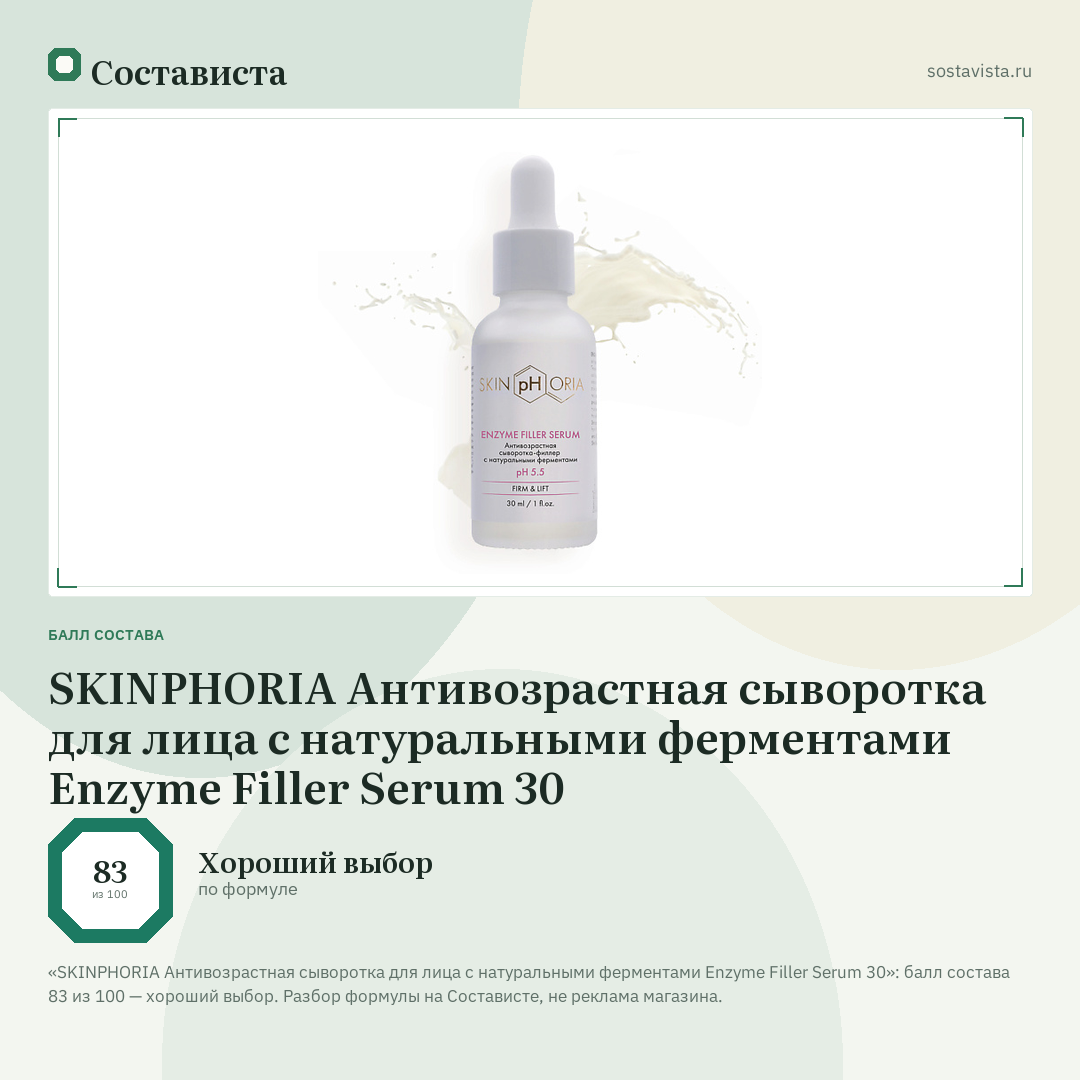 SKINPHORIA Антивозрастная сыворотка для лица с натуральными ферментами Enzyme Filler Serum 30: балл состава 83 из 100 — Состависта