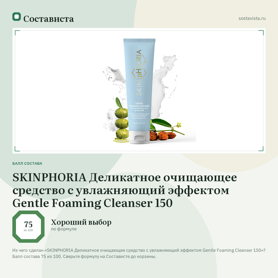 SKINPHORIA Деликатное очищающее средство с увлажняющий эффектом Gentle Foaming Cleanser 150: балл состава 75 из 100 — Состависта