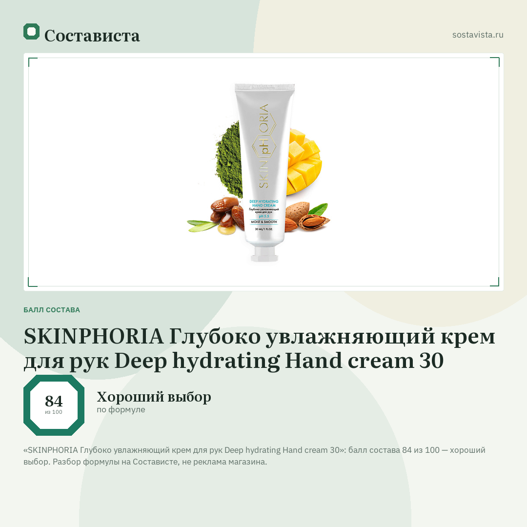 SKINPHORIA Глубоко увлажняющий крем для рук Deep hydrating Hand cream 30: балл состава 84 из 100 — Состависта