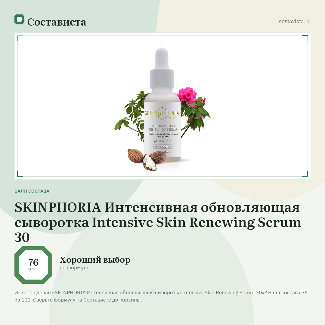 SKINPHORIA Интенсивная обновляющая сыворотка Intensive Skin Renewing Serum 30: балл состава 76 из 100 — Состависта
