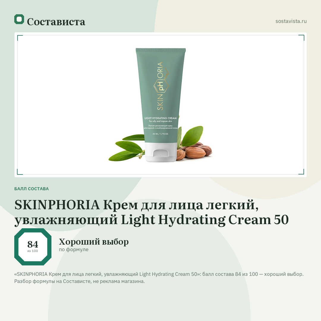 SKINPHORIA Крем для лица легкий, увлажняющий Light Hydrating Cream 50: балл состава 84 из 100 — Состависта