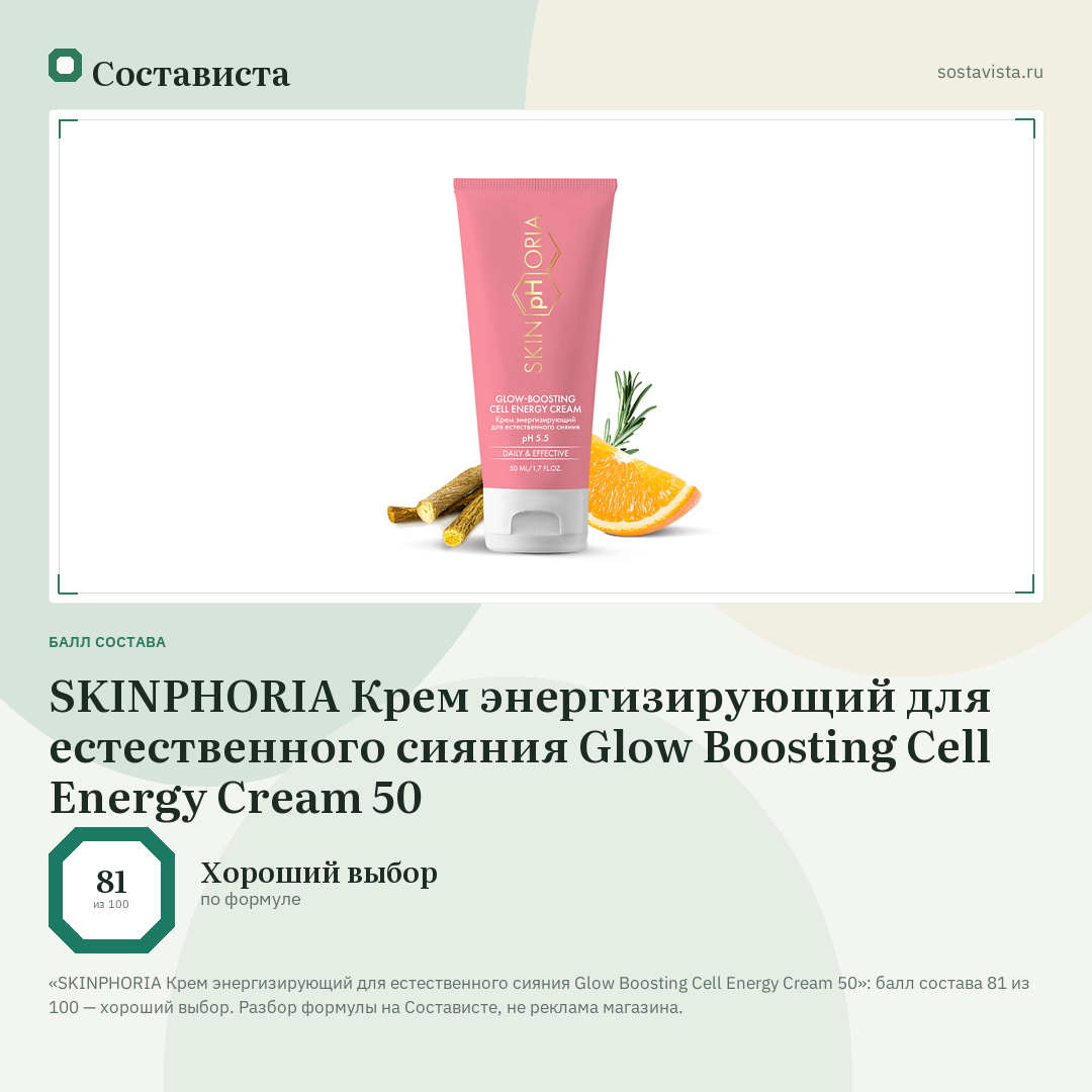 SKINPHORIA Крем энергизирующий для естественного сияния Glow Boosting Cell Energy Cream 50: балл состава 81 из 100 — Состависта
