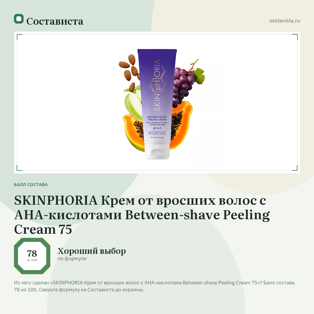 SKINPHORIA Крем от вросших волос с АНА-кислотами Between-shave Peeling Cream 75: балл состава 78 из 100 — Состависта