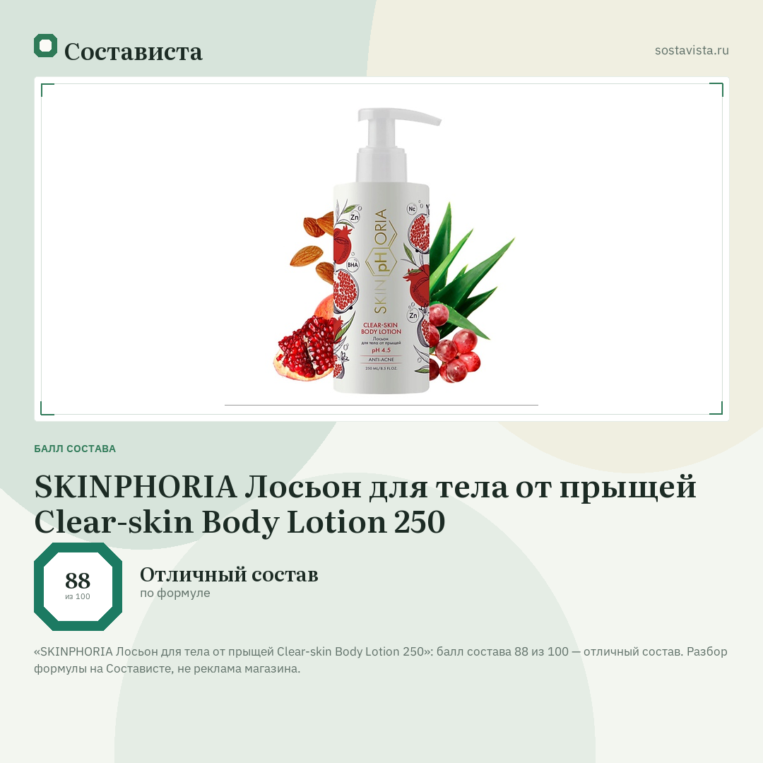 SKINPHORIA Лосьон для тела от прыщей Clear-skin Body Lotion 250: балл состава 88 из 100 — Состависта