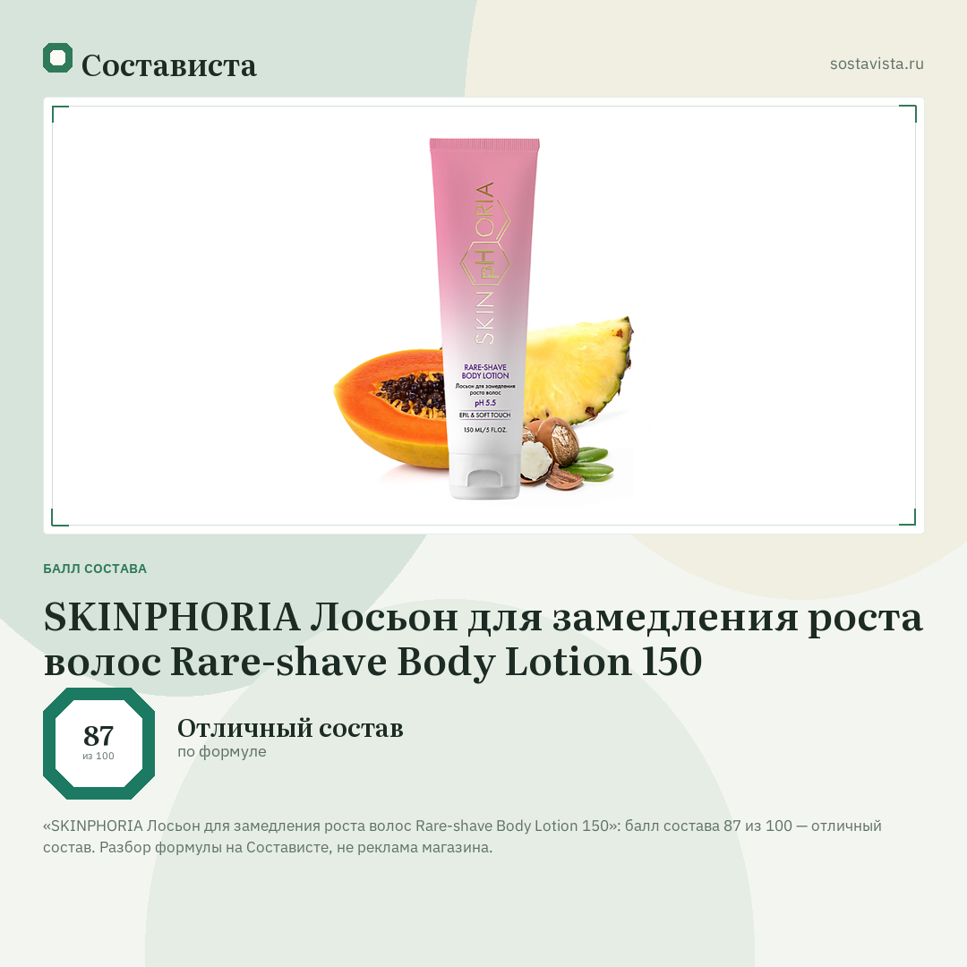SKINPHORIA Лосьон для замедления роста волос Rare-shave Body Lotion 150: балл состава 87 из 100 — Состависта