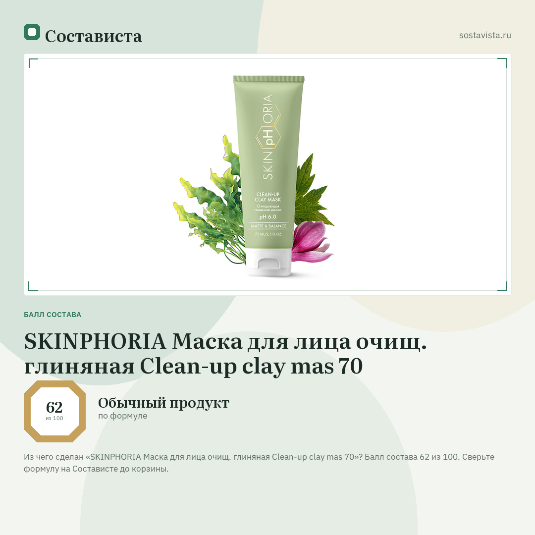 SKINPHORIA Маска для лица очищ. глиняная Clean-up clay mas 70: балл состава 62 из 100 — Состависта