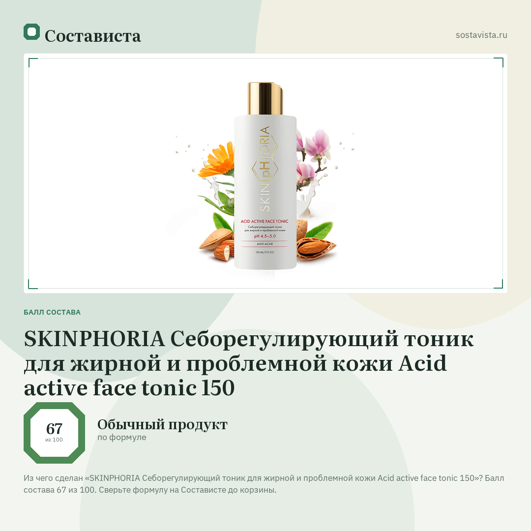 SKINPHORIA Себорегулирующий тоник для жирной и проблемной кожи Acid active face tonic 150: балл состава 67 из 100 — Состависта