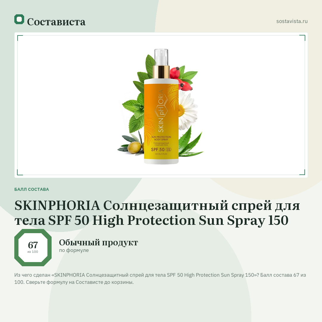 SKINPHORIA Солнцезащитный спрей для тела SPF 50 High Protection Sun Spray 150: балл состава 67 из 100 — Состависта