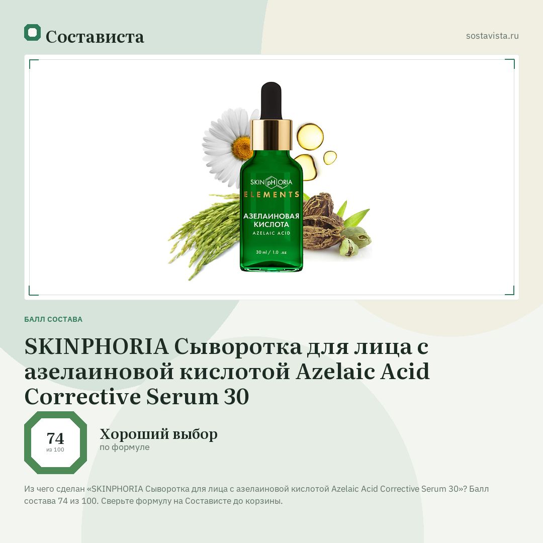 SKINPHORIA Сыворотка для лица с азелаиновой кислотой Azelaic Acid Corrective Serum 30: балл состава 74 из 100 — Состависта