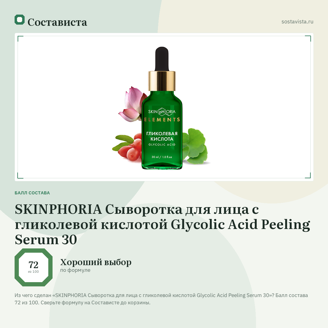 SKINPHORIA Сыворотка для лица с гликолевой кислотой Glycolic Acid Peeling Serum 30: балл состава 72 из 100 — Состависта
