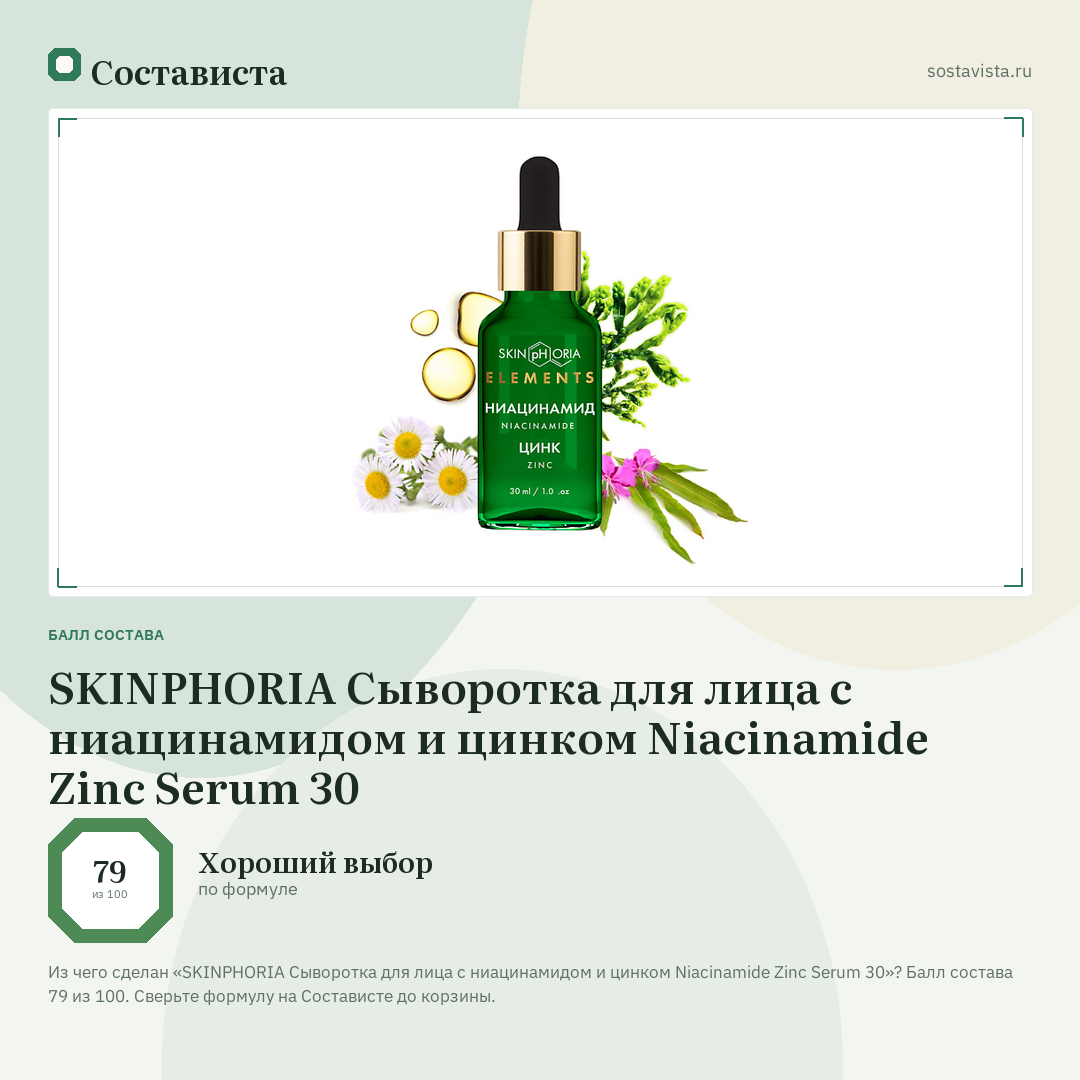 SKINPHORIA Сыворотка для лица с ниацинамидом и цинком Niacinamide Zinс Serum 30: балл состава 79 из 100 — Состависта