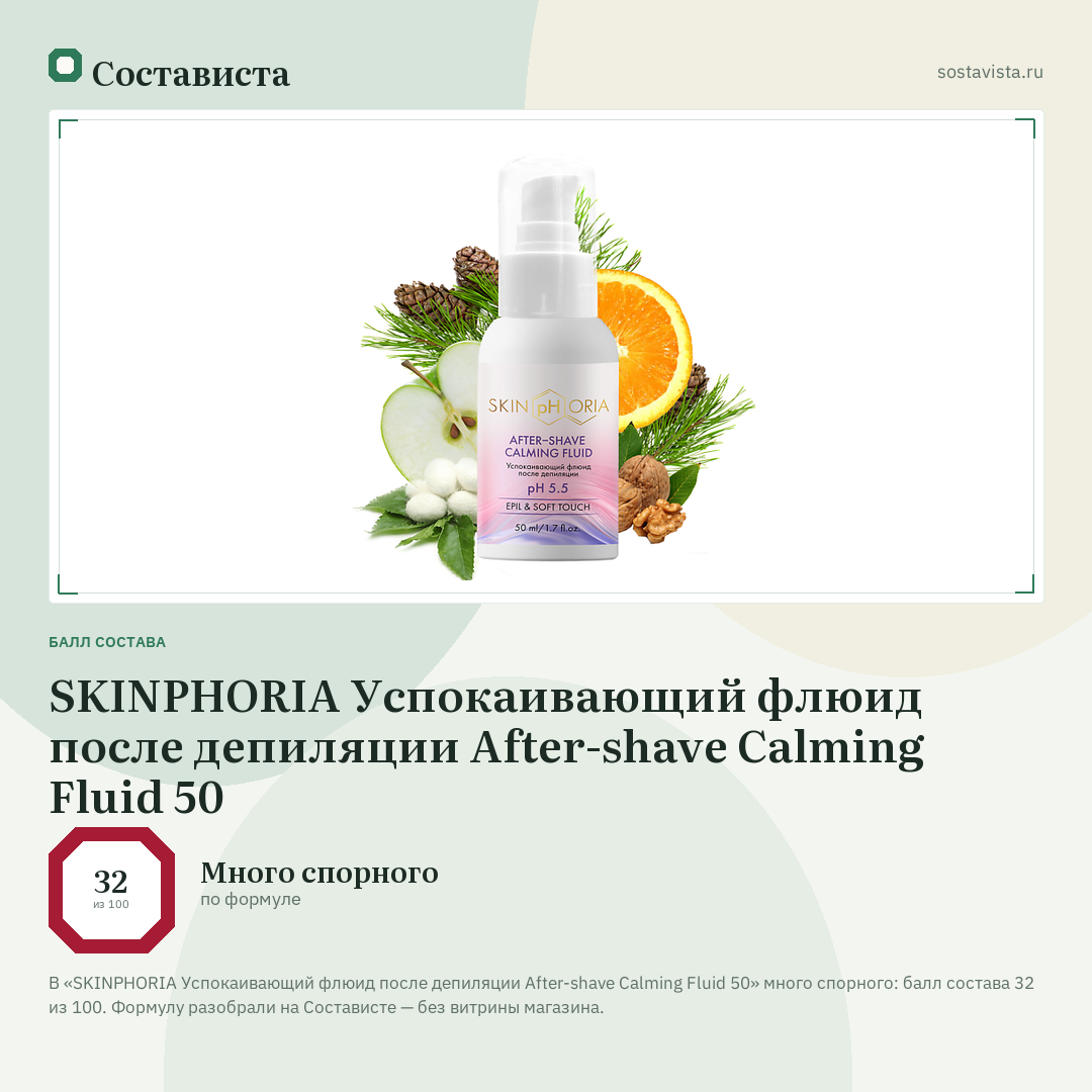 SKINPHORIA Успокаивающий флюид после депиляции After-shave Calming Fluid 50: балл состава 32 из 100 — Состависта