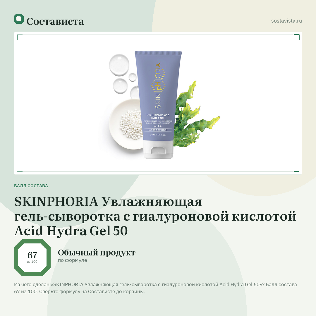 SKINPHORIA Увлажняющая гель-сыворотка с гиалуроновой кислотой Acid Hydra Gel 50: балл состава 67 из 100 — Состависта