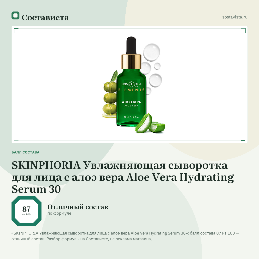 SKINPHORIA Увлажняющая сыворотка для лица с алоэ вера Aloe Vera Hydrating Serum 30: балл состава 87 из 100 — Состависта