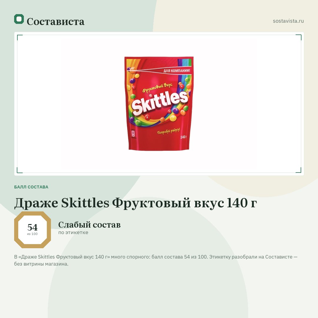 Драже Skittles Фруктовый вкус 140 г: балл состава 54 из 100 — Состависта