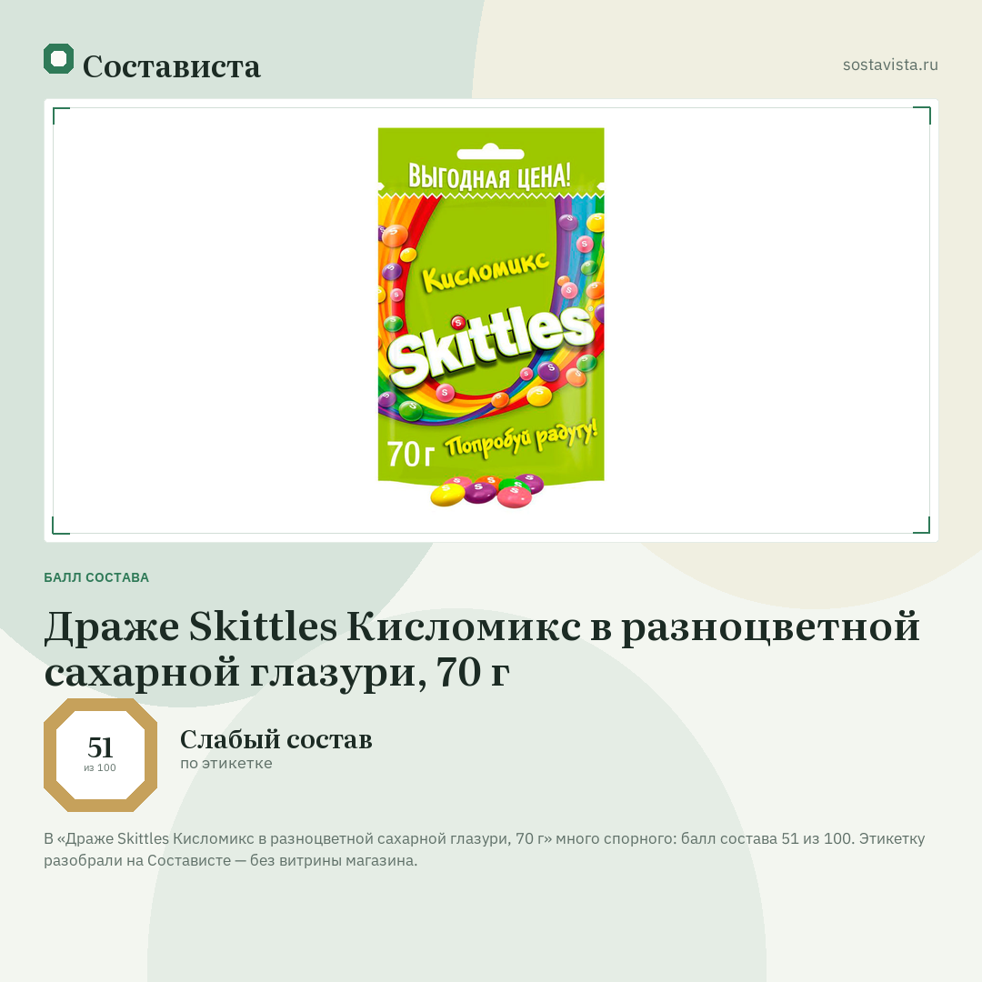 Драже Skittles Кисломикс в разноцветной сахарной глазури, 70 г: балл состава 51 из 100 — Состависта