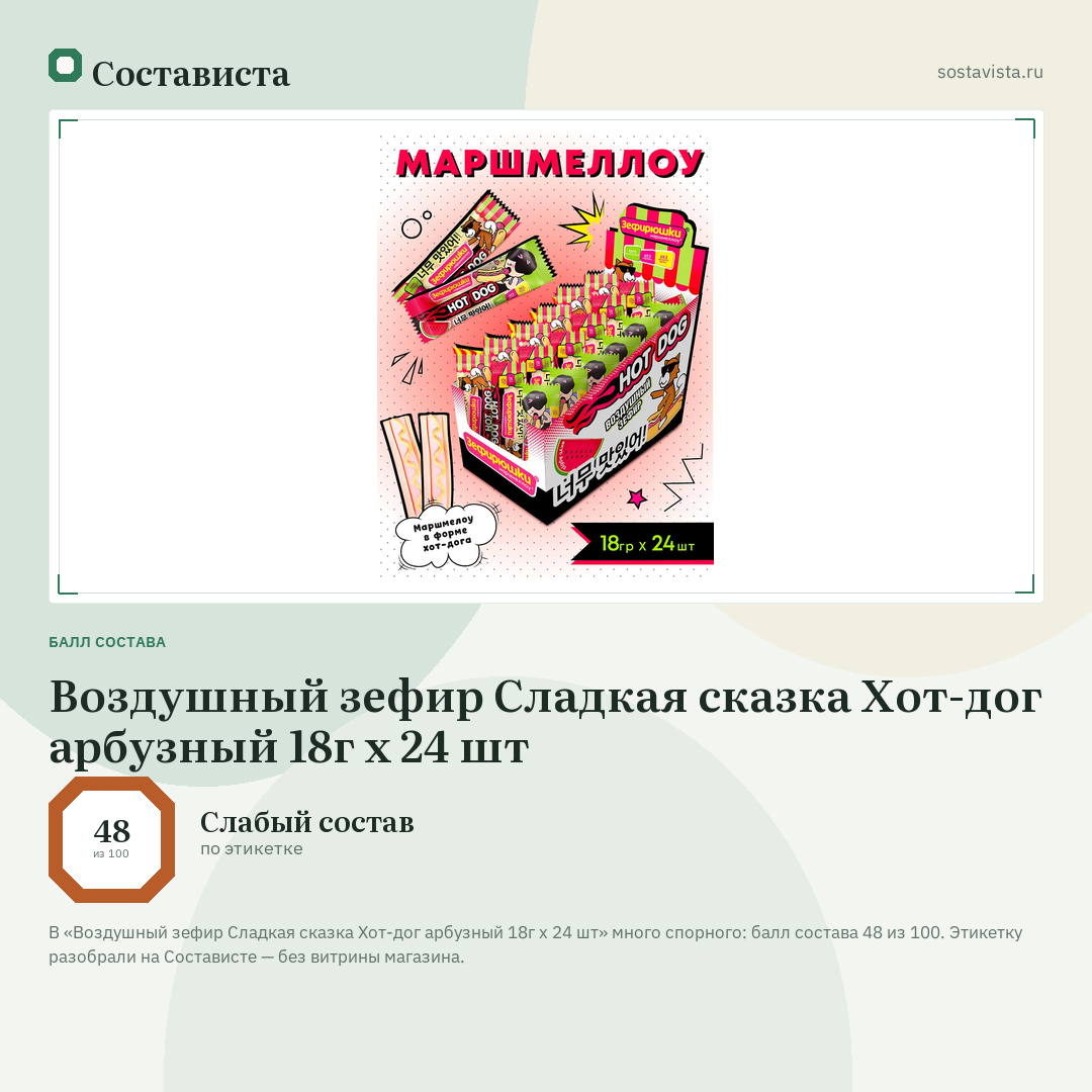 Воздушный зефир Сладкая сказка Хот-дог арбузный 18г х 24 шт: балл состава 48 из 100 — Состависта