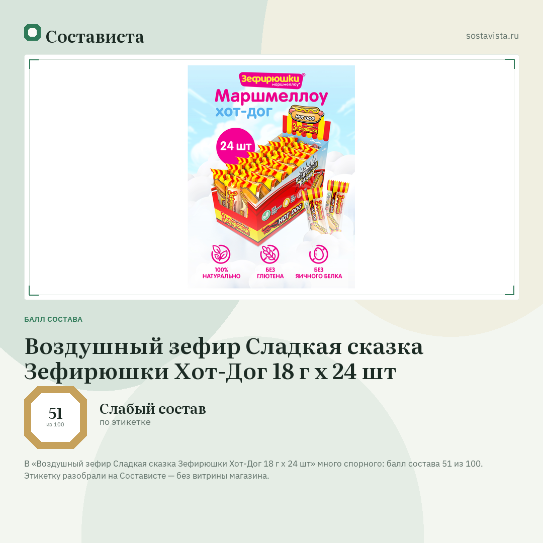 Воздушный зефир Сладкая сказка Зефирюшки Хот-Дог 18 г х 24 шт: балл состава 51 из 100 — Состависта