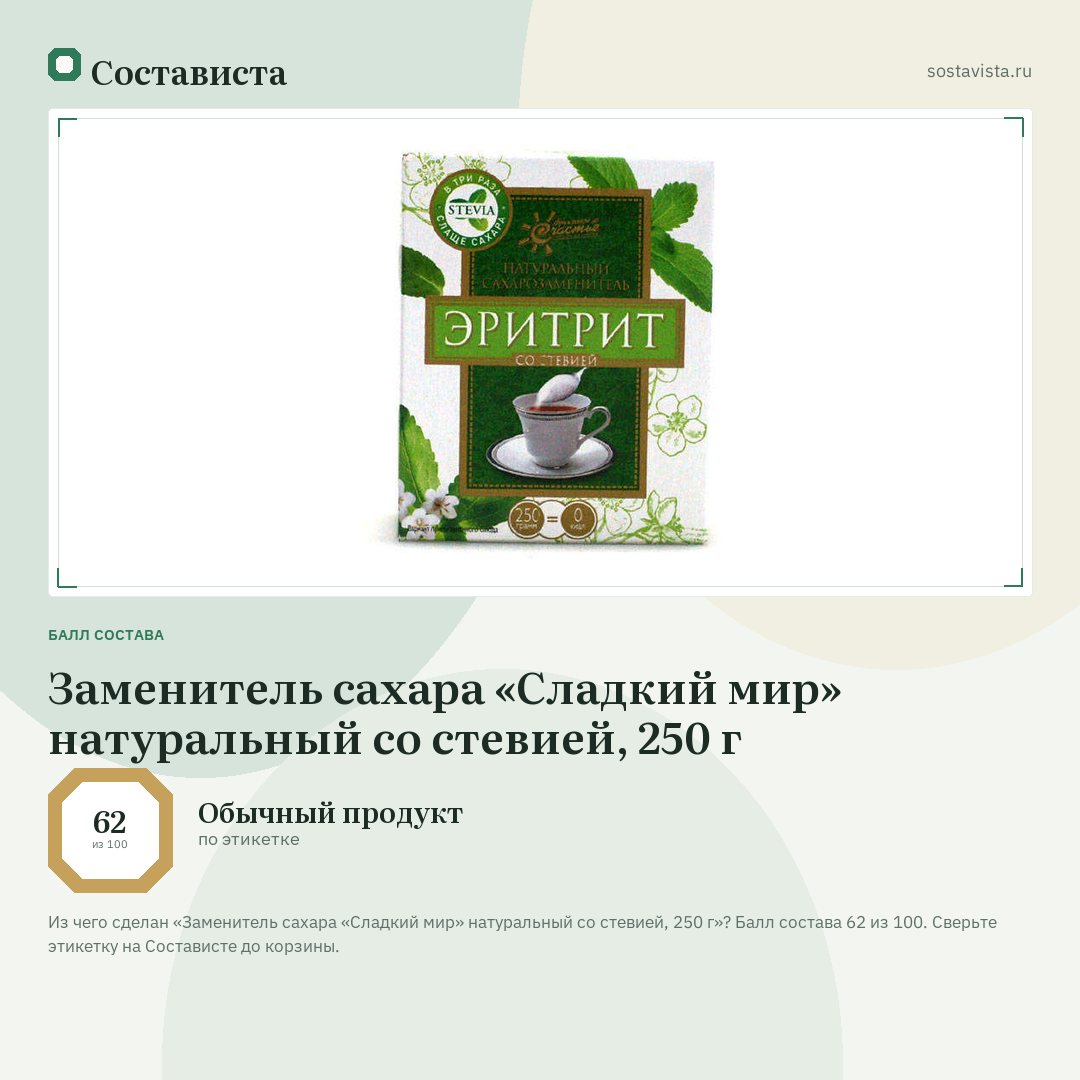 Заменитель сахара «Сладкий мир» натуральный со стевией, 250 г: балл состава 62 из 100 — Состависта