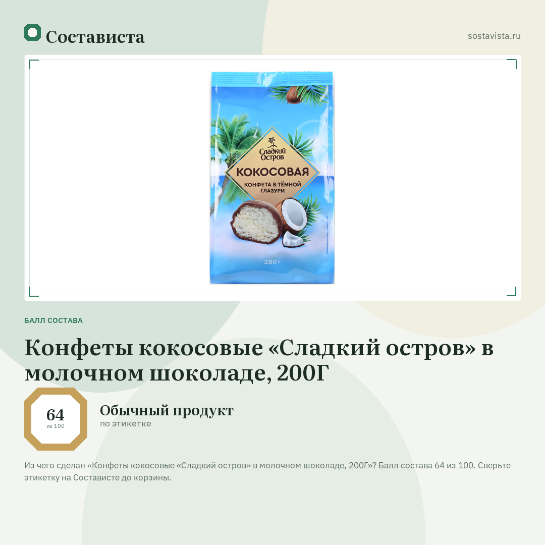 Конфеты кокосовые «Сладкий остров» в молочном шоколаде, 200Г: балл состава 64 из 100 — Состависта