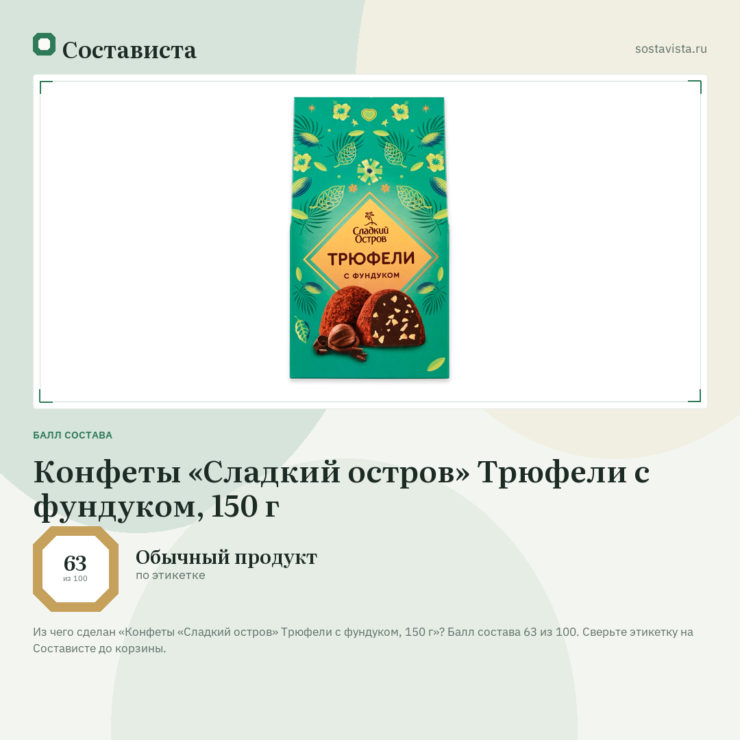 Конфеты «Сладкий остров» Трюфели с фундуком, 150 г: балл состава 63 из 100 — Состависта