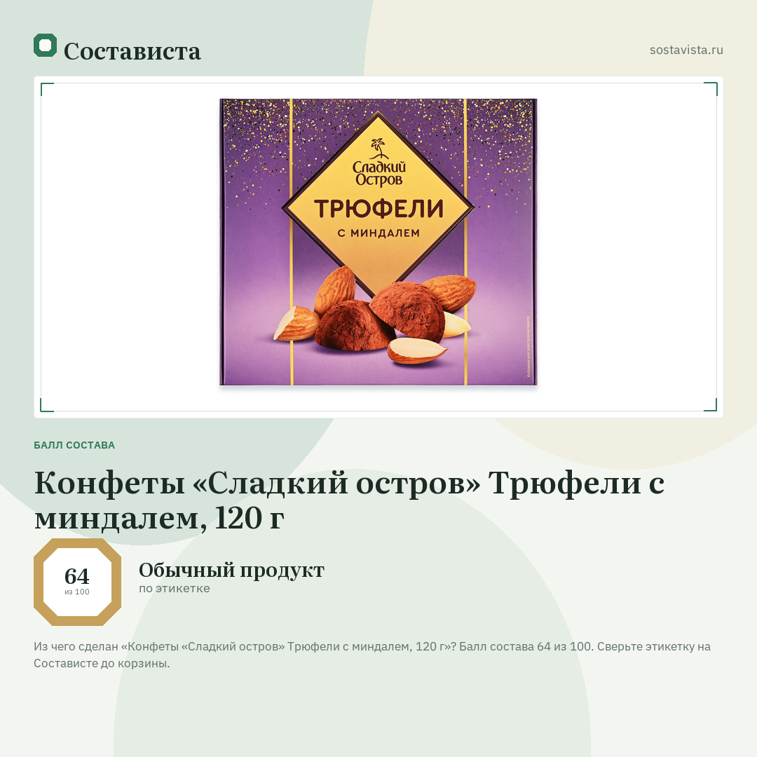 Конфеты «Сладкий остров» Трюфели с миндалем, 120 г: балл состава 64 из 100 — Состависта