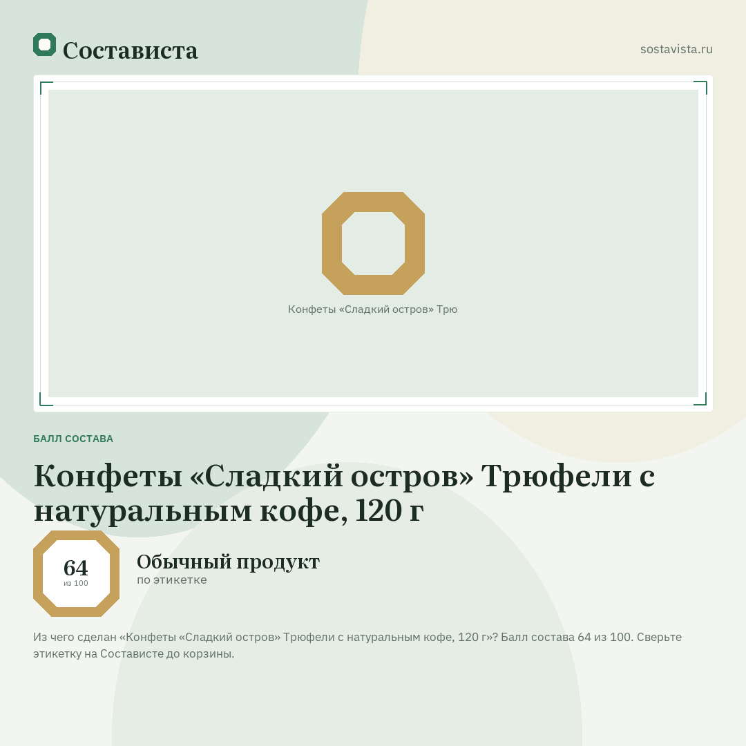 Конфеты «Сладкий остров» Трюфели с натуральным кофе, 120 г: балл состава 64 из 100 — Состависта
