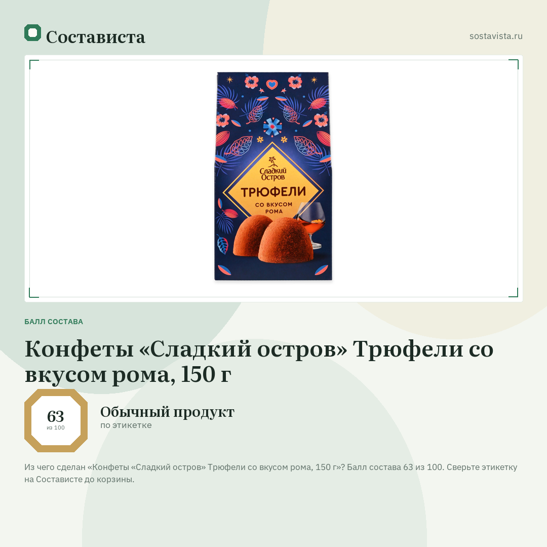 Конфеты «Сладкий остров» Трюфели со вкусом рома, 150 г: балл состава 63 из 100 — Состависта