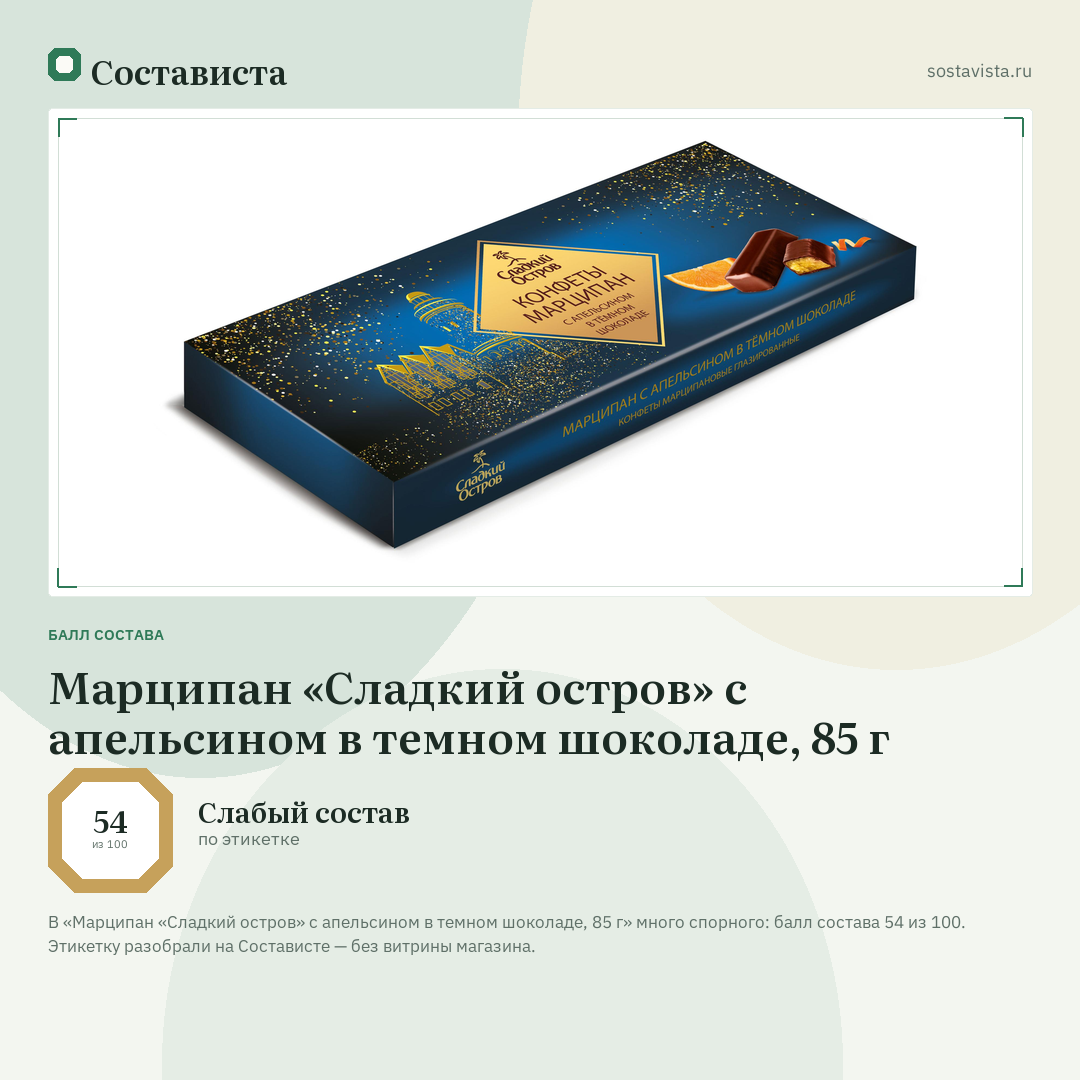 Марципан «Сладкий остров» с апельсином в темном шоколаде, 85 г: балл состава 54 из 100 — Состависта
