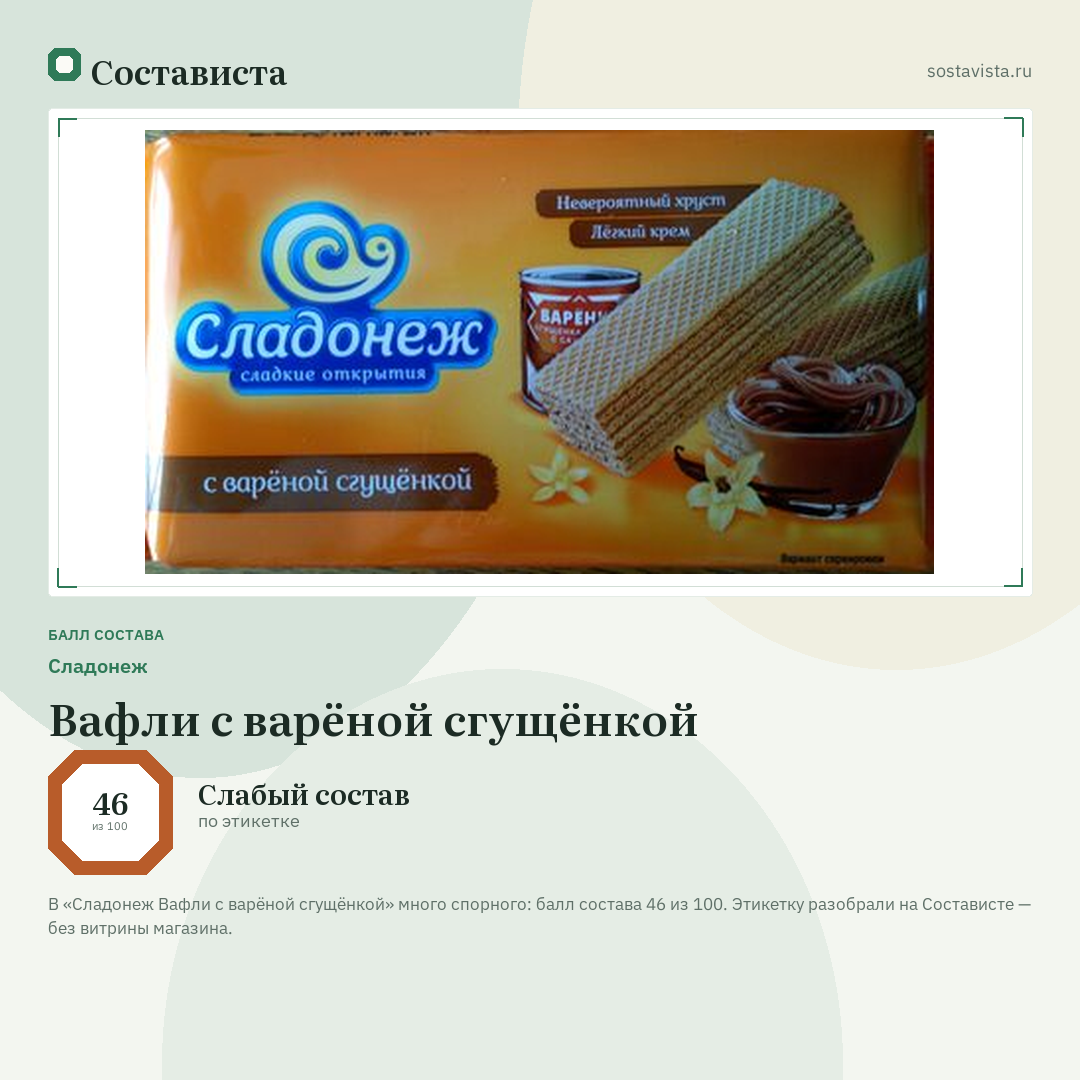 Сладонеж Вафли с варёной сгущёнкой: балл состава 46 из 100 — Состависта