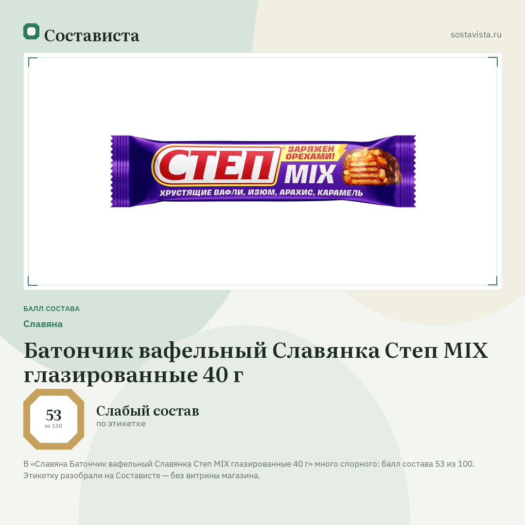 Славяна Батончик вафельный Славянка Степ MIX глазированные 40 г: балл состава 53 из 100 — Состависта