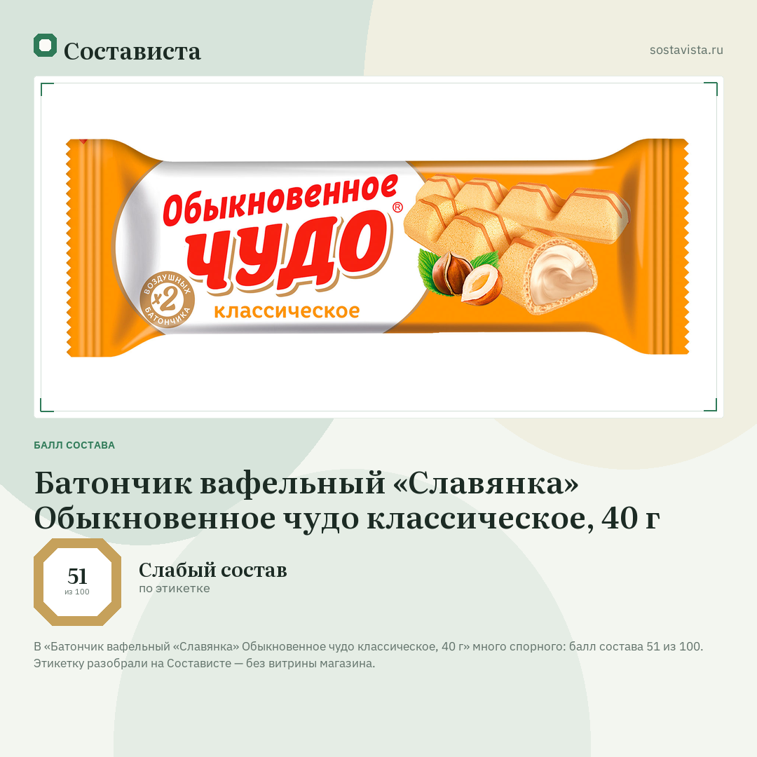 Батончик вафельный «Славянка» Обыкновенное чудо классическое, 40 г: балл состава 51 из 100 — Состависта