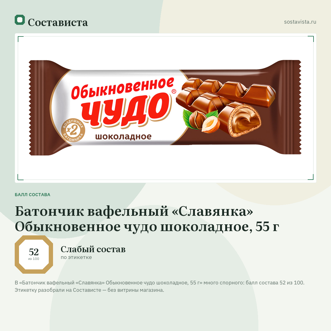 Батончик вафельный «Славянка» Обыкновенное чудо шоколадное, 55 г: балл состава 52 из 100 — Состависта