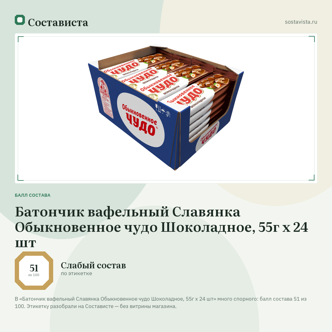 Батончик вафельный Славянка Обыкновенное чудо Шоколадное, 55г х 24 шт: балл состава 51 из 100 — Состависта