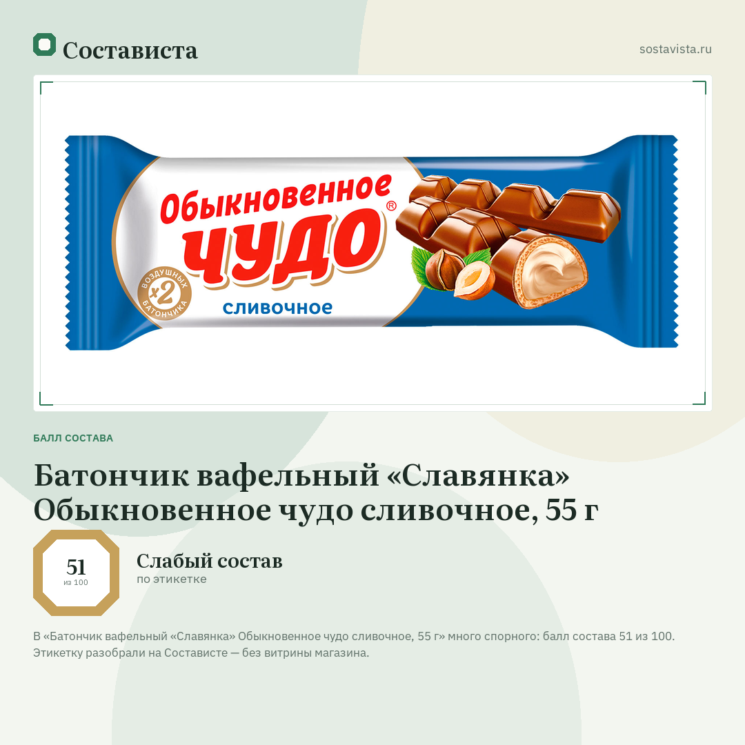 Батончик вафельный «Славянка» Обыкновенное чудо сливочное, 55 г: балл состава 51 из 100 — Состависта
