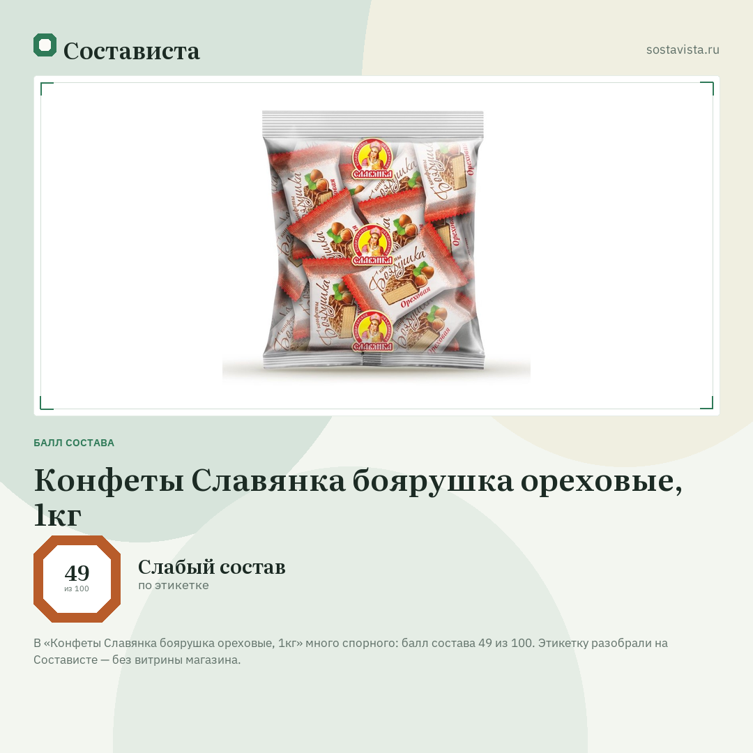 Конфеты Славянка боярушка ореховые, 1кг: балл состава 49 из 100 — Состависта