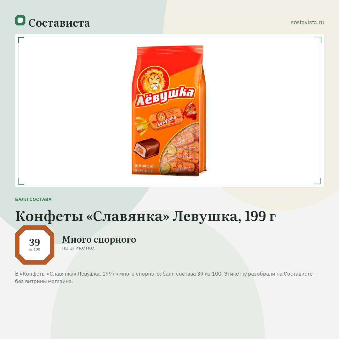 Конфеты «Славянка» Левушка, 199 г: балл состава 39 из 100 — Состависта