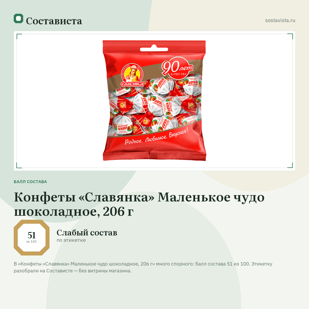 Конфеты «Славянка» Маленькое чудо шоколадное, 206 г: балл состава 51 из 100 — Состависта