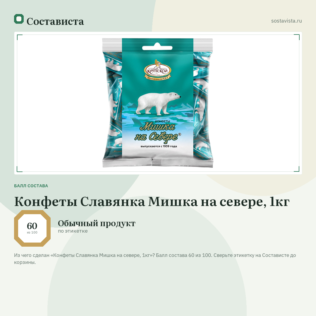 Конфеты Славянка Мишка на севере, 1кг: балл состава 60 из 100 — Состависта