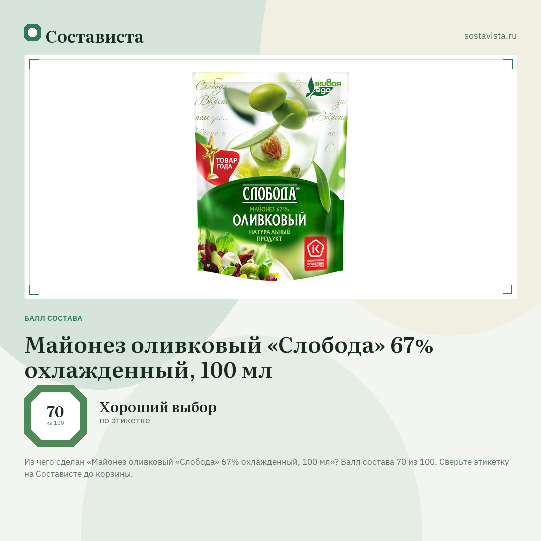 Майонез оливковый «Слобода» 67% охлажденный, 100 мл: балл состава 70 из 100 — Состависта