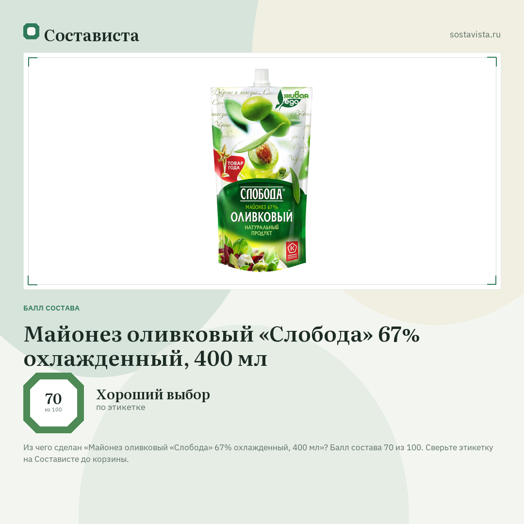 Майонез оливковый «Слобода» 67% охлажденный, 400 мл: балл состава 70 из 100 — Состависта