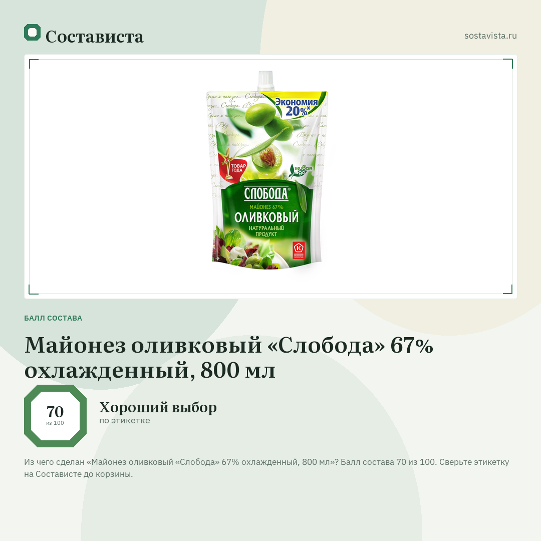 Майонез оливковый «Слобода» 67% охлажденный, 800 мл: балл состава 70 из 100 — Состависта
