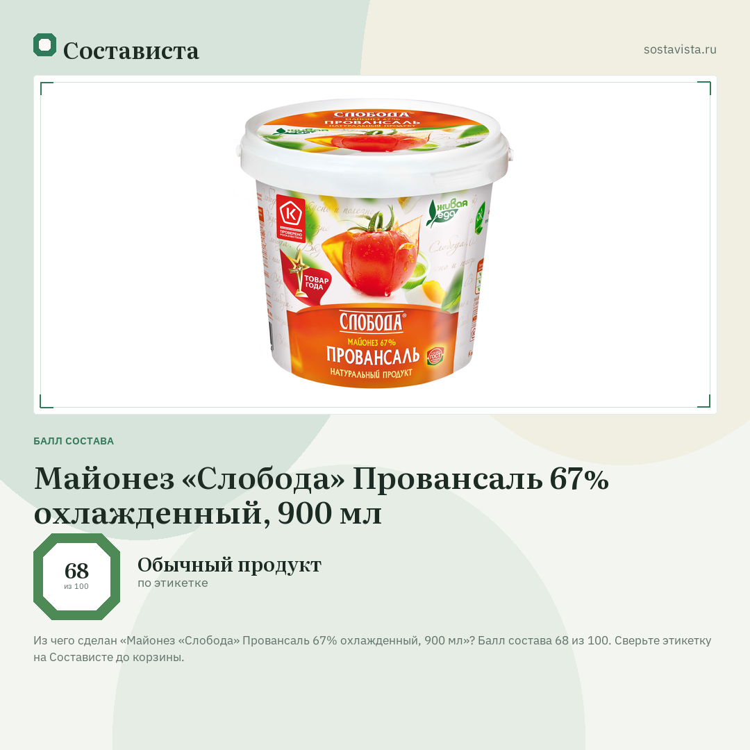 Майонез «Слобода» Провансаль 67% охлажденный, 900 мл: балл состава 68 из 100 — Состависта
