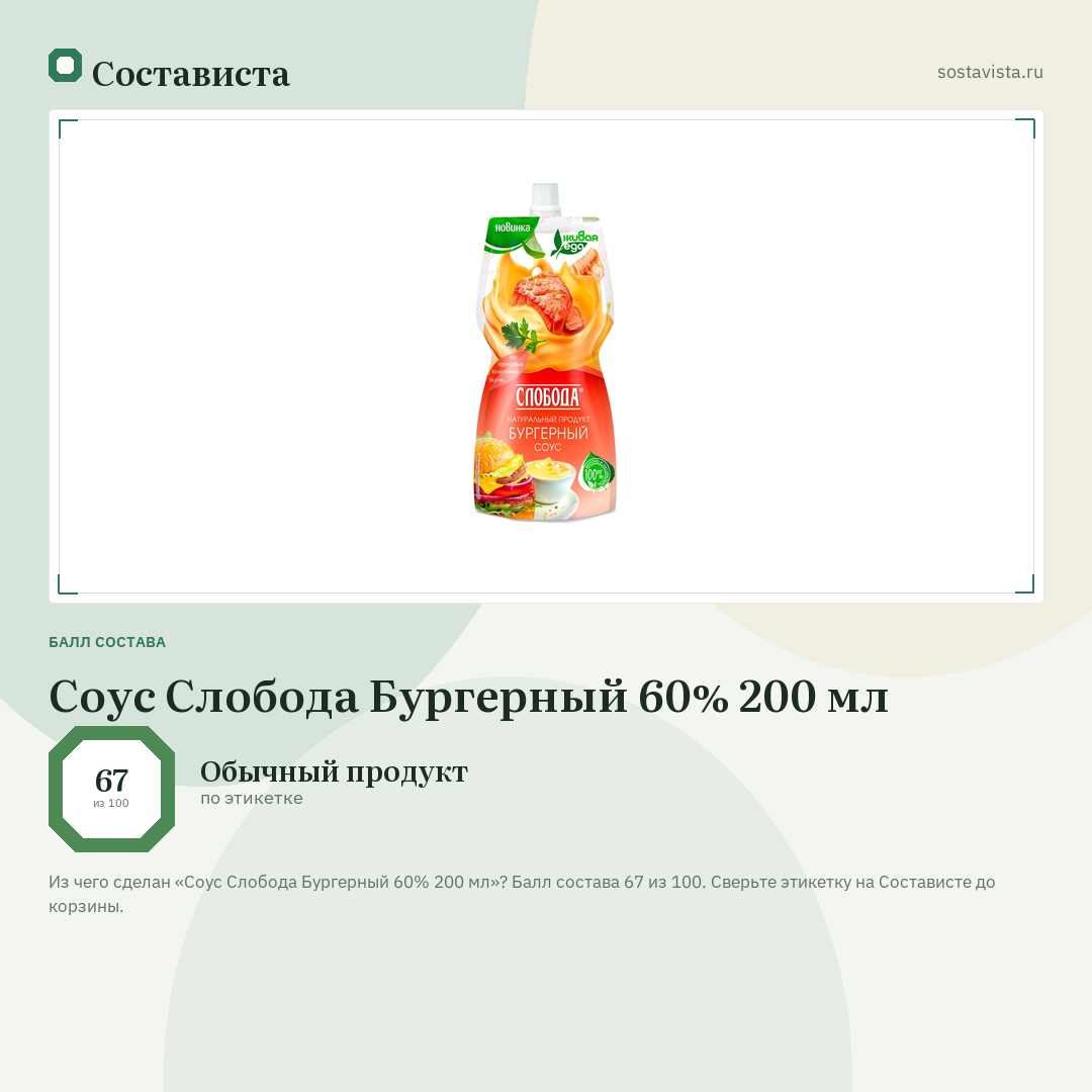 Соус Слобода Бургерный 60% 200 мл: балл состава 67 из 100 — Состависта