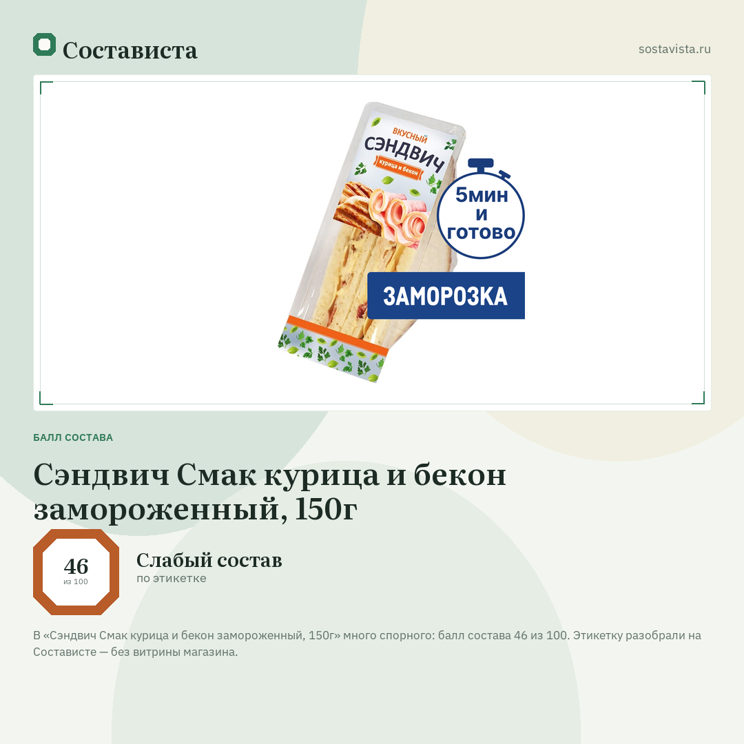 Сэндвич Смак курица и бекон замороженный, 150г: балл состава 46 из 100 — Состависта