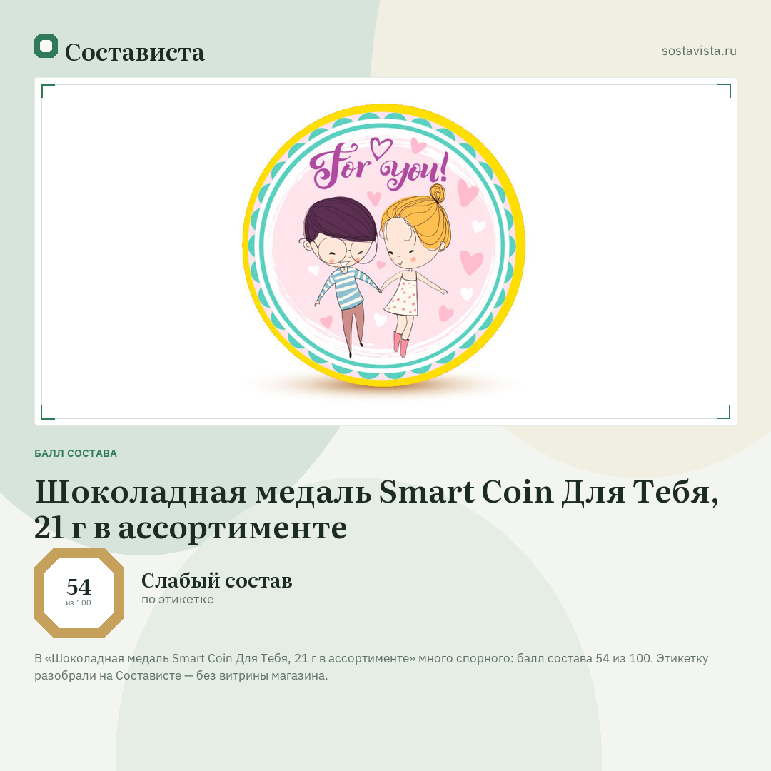 Шоколадная медаль Smart Coin Для Тебя, 21 г в ассортименте: балл состава 54 из 100 — Состависта